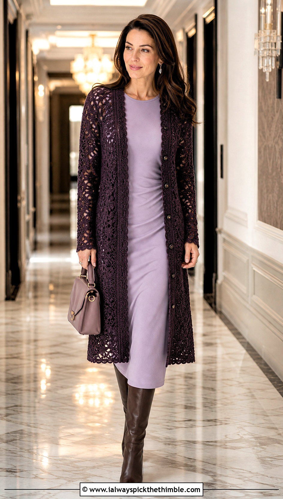 Longline Button Crochet Cardigan With Column Dress - 15 crochet cardigan with button closure outfit ideas