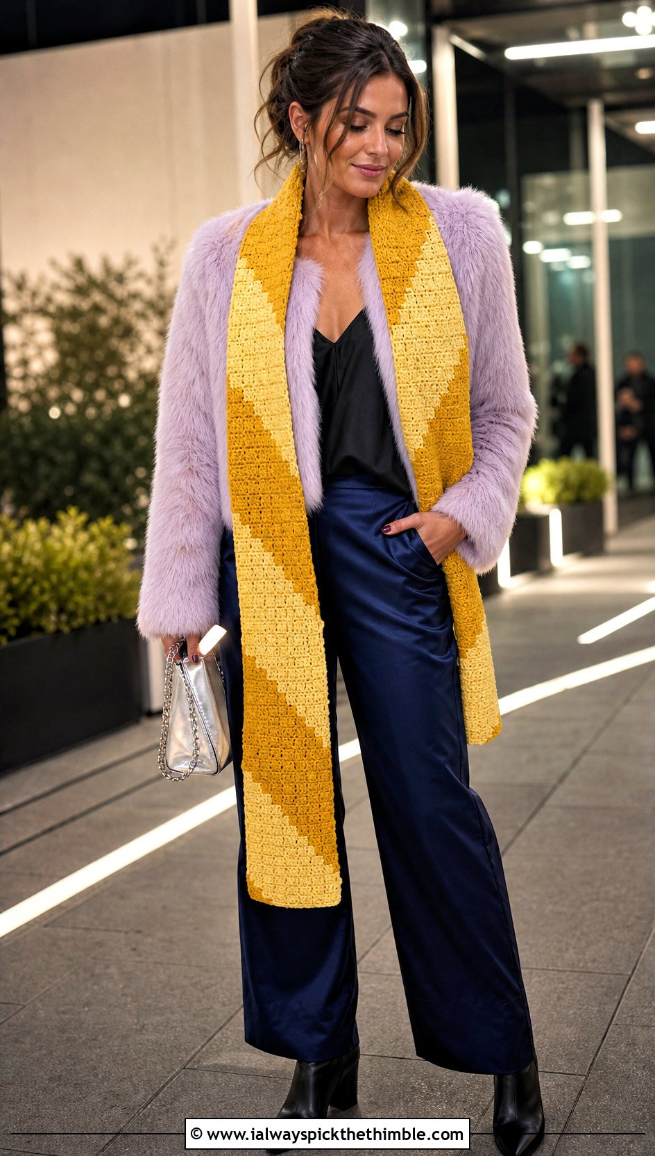 Longline C2C Scarf With Faux Fur Jacket And Satin Pants - 25 c2c crochet scarf outfit ideas
