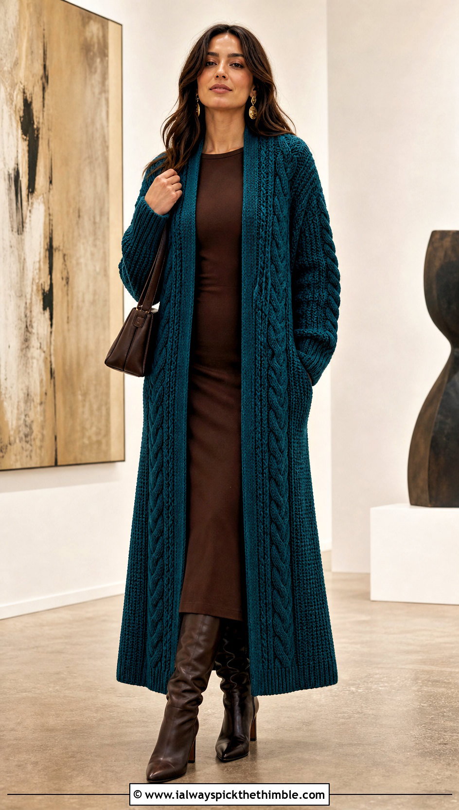 Longline Cable Duster Cardigan With Column Dress - 20 Crochet Cable Cardigan outfit ideas
