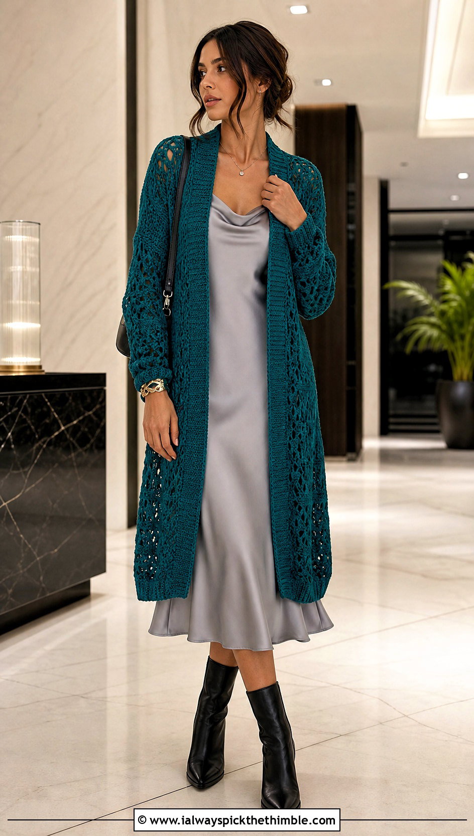Longline Campfire Cardigan With Satin Slip Dress - 20 crochet campfire cardigan outfit ideas