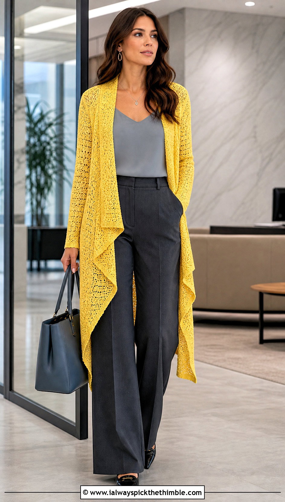 Longline Cascade Crochet Cardigan With Tailored Trousers - 15 cascade crochet cardigan outfit ideas