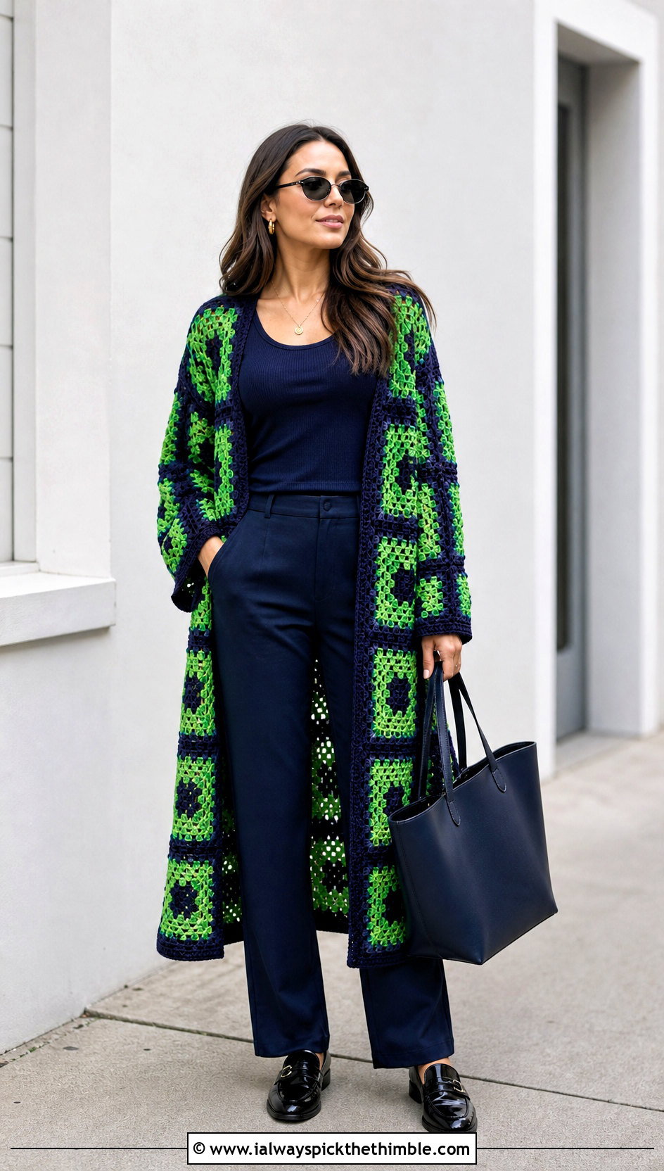 Longline Checkered Crochet Cardigan With Monochrome Basics - 20 Checkered Crochet Cardigan outfit ideas
