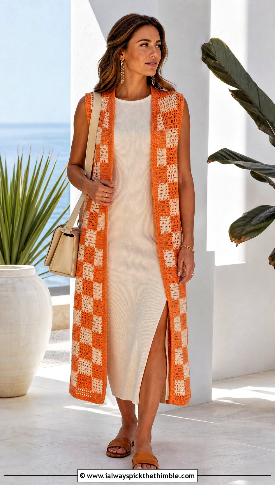 Longline Checkered Crochet Vest With Column Dress - 20 checkered crochet vest outfit ideas