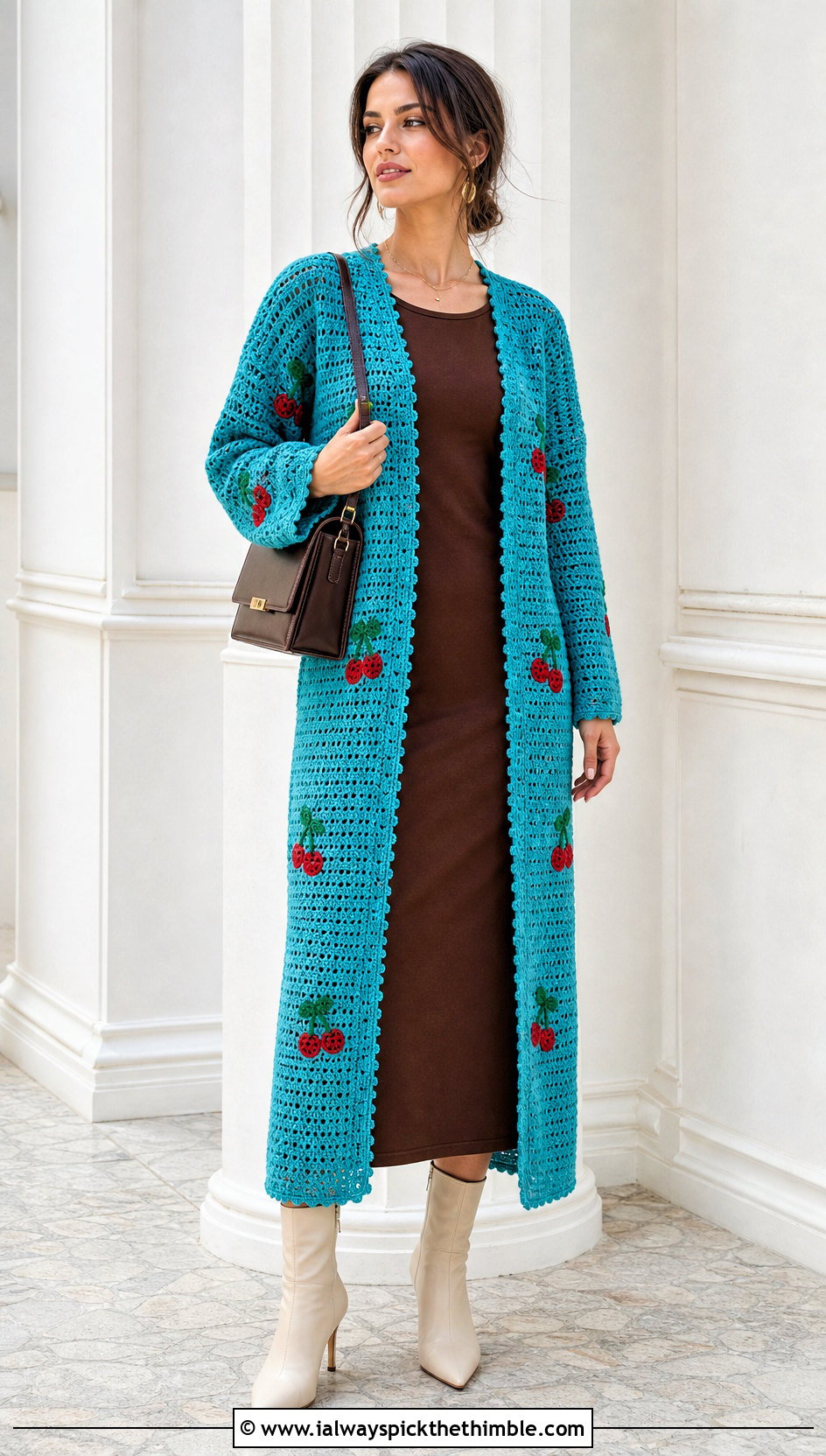 Longline Cherry Crochet Cardigan With a Column Dress - 20 cherry crochet cardigan outfit ideas