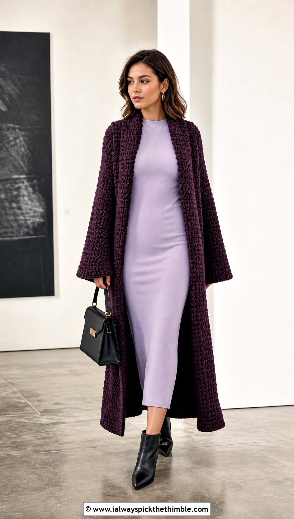 Longline Chunky Crochet Coatigan With Column Dress - 25 chunky crochet cardigan outfit ideas