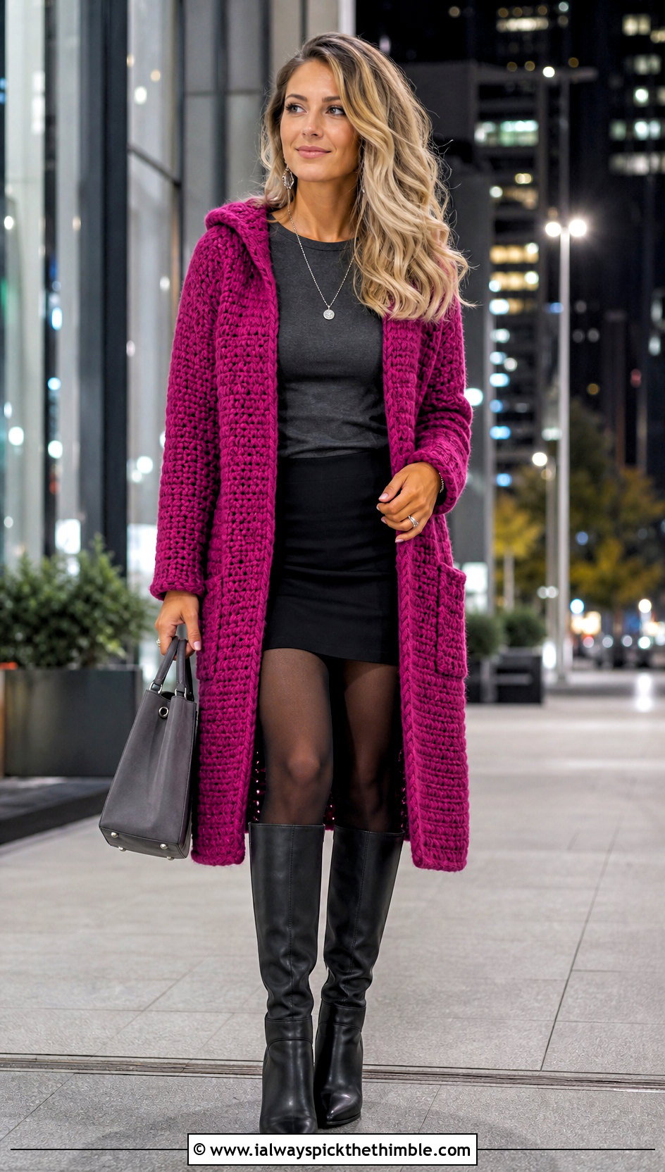 Longline Chunky Crochet Hoodie With Mini Skirt And Boots - 20 crochet chunky hoodie outfit ideas