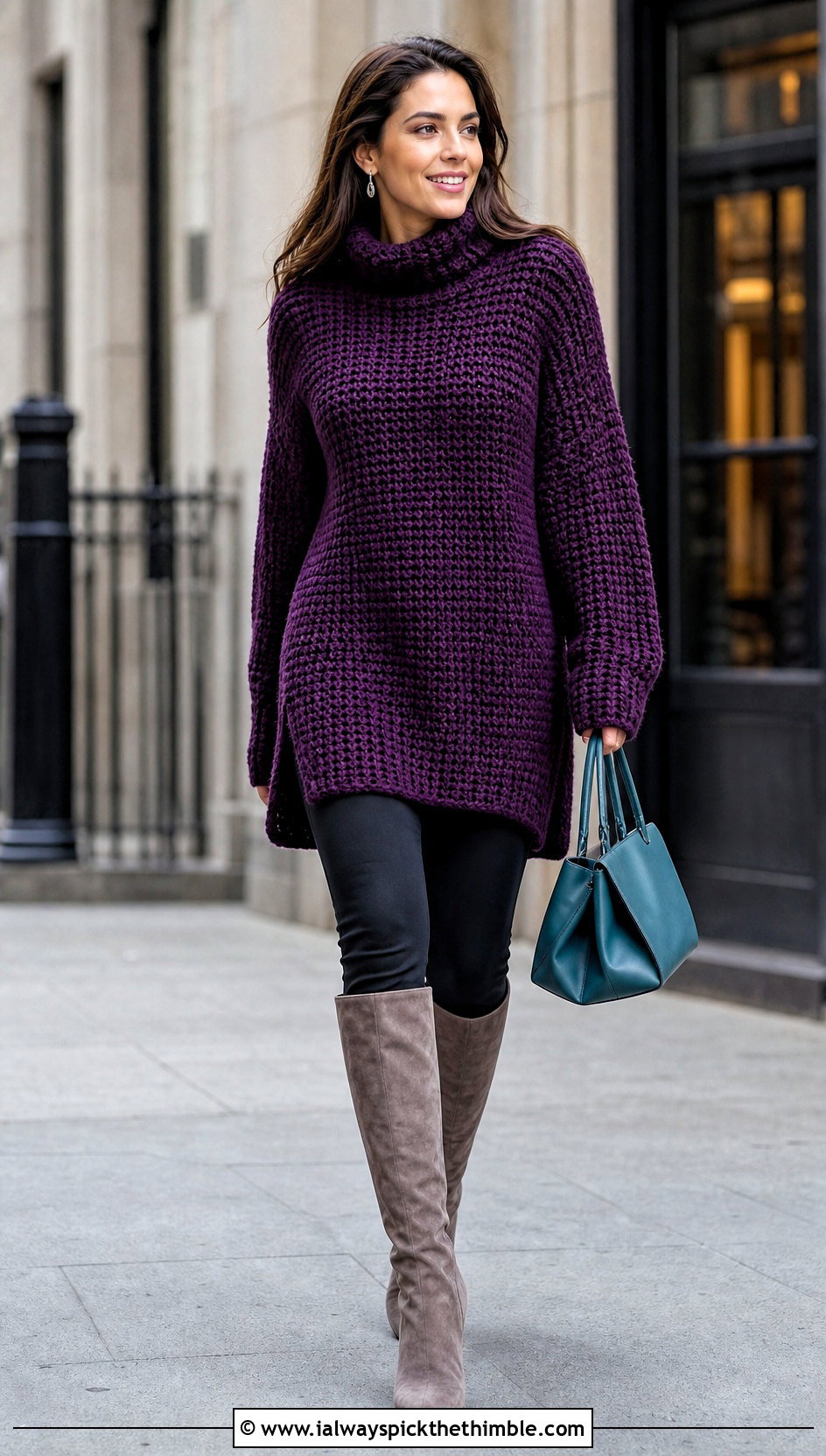 Longline Chunky Crochet Tunic Sweater With Leggings - 25 chunky crochet sweater outfit ideas