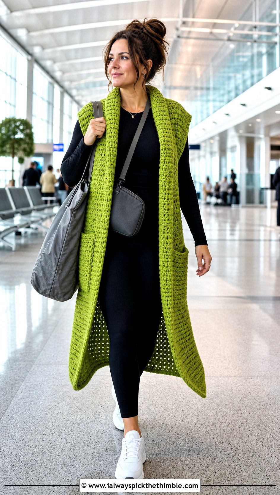 Longline Chunky Crochet Vest With Leggings - 20 crochet chunky vest outfit ideas