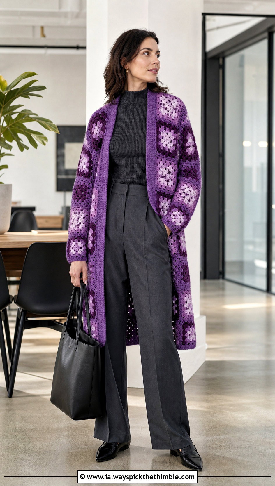 Longline Chunky Granny Square Cardigan With Tailored Trousers - 25 Chunky Granny Square Cardigan outfit ideas