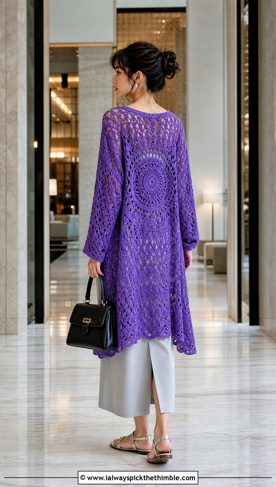 Longline Circle Crochet Sweater With Column Dress - 20 Circle Crochet Sweater outfit ideas