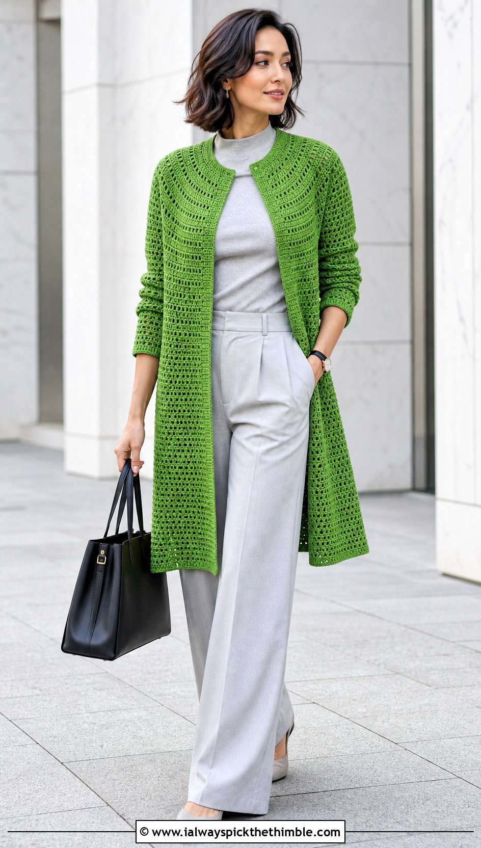 Longline Circular Yoke Cardigan With Wide Leg Trousers - 20 Crochet Yoke Cardigan outfit ideas
