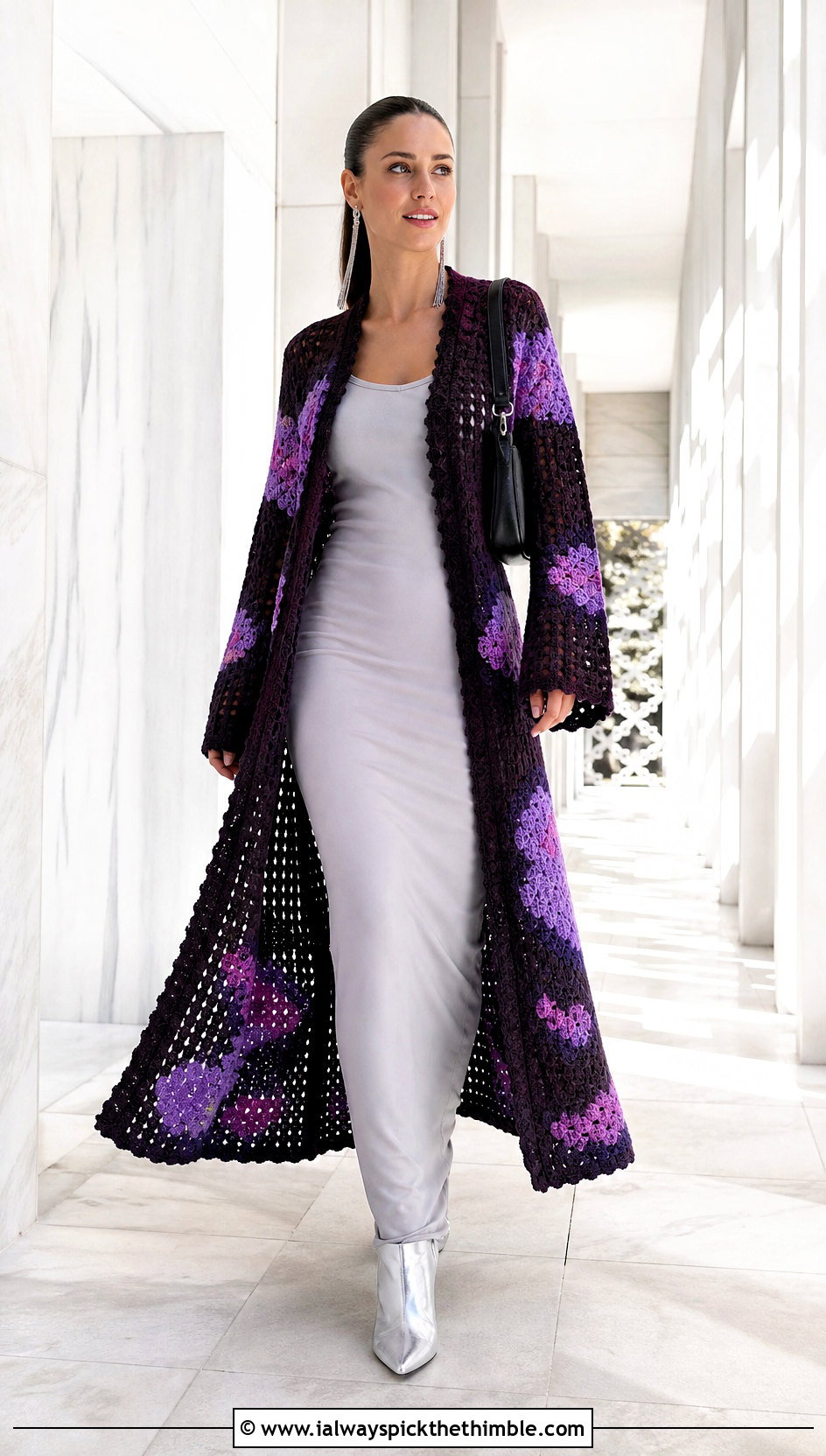 Longline Cloud Cardigan With a Column Dress - 25 crochet cloud cardigan outfit ideas