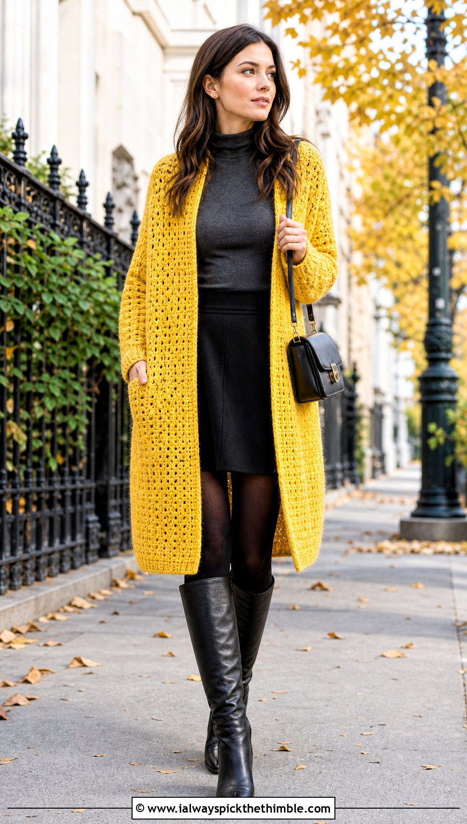 Longline Cocoon Crochet Cardigan With Mini Skirt And Boots - 20 Cocoon Crochet Cardigan outfit ideas