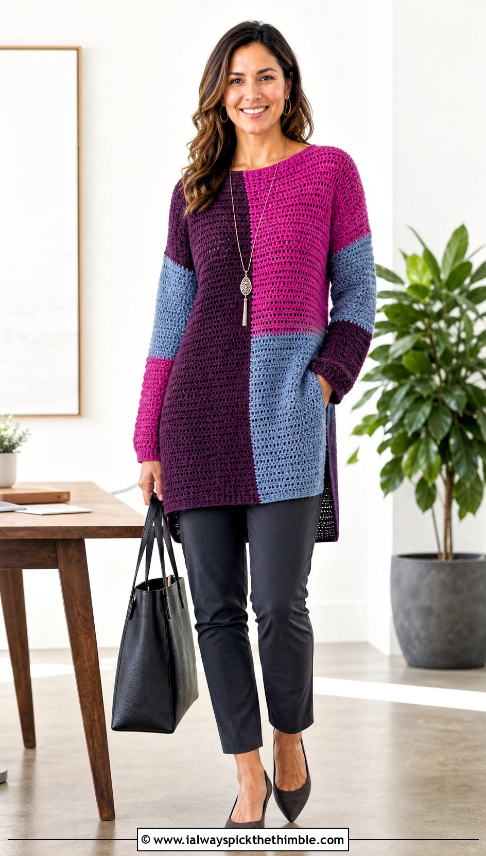 Longline Color Block Crochet Tunic Sweater With Slim Pants - 20 Color Block Crochet Sweater outfit ideas