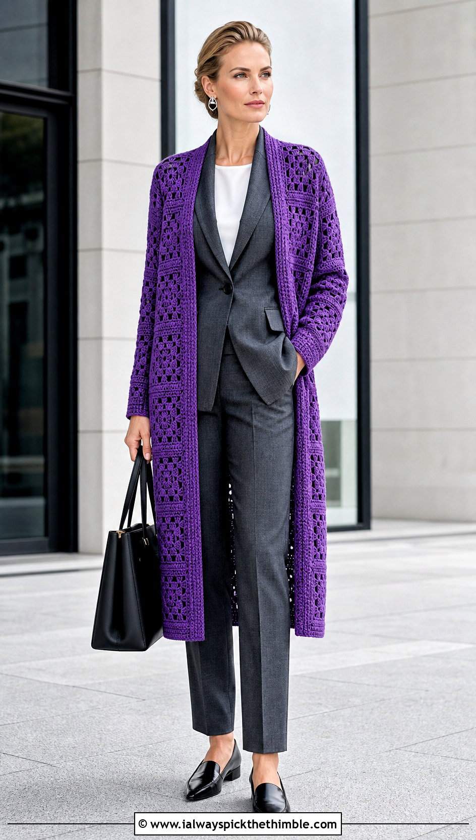 Longline Continuous Granny Square Cardigan With A Trouser Suit - 20 continuous granny square cardigan outfit ideas