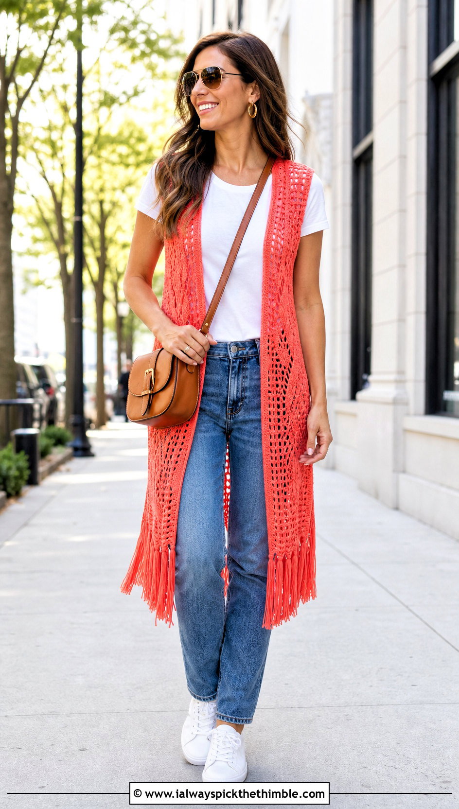 Longline Coral Fringe Vest With Straight Leg Jeans - 15 coral fringe vest in knit crochet boho style outfit ideas
