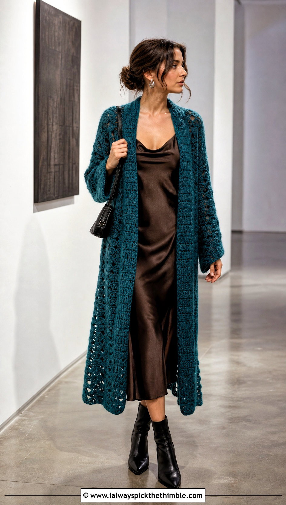 Longline Crochet Blanket Jacket With Satin Slip Dress - 20 crochet blanket jacket outfit ideas