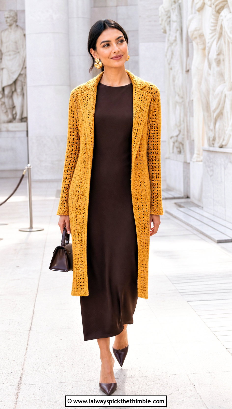 Longline Crochet Blazer With Column Dress - 25 crochet blazer outfit ideas