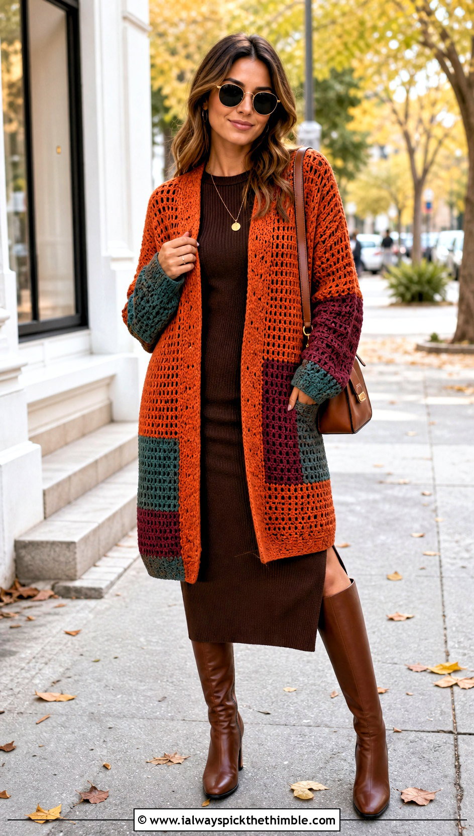 Longline Crochet Block Sweater With Knit Dress And Boots - 20 crochet block sweater outfit ideas