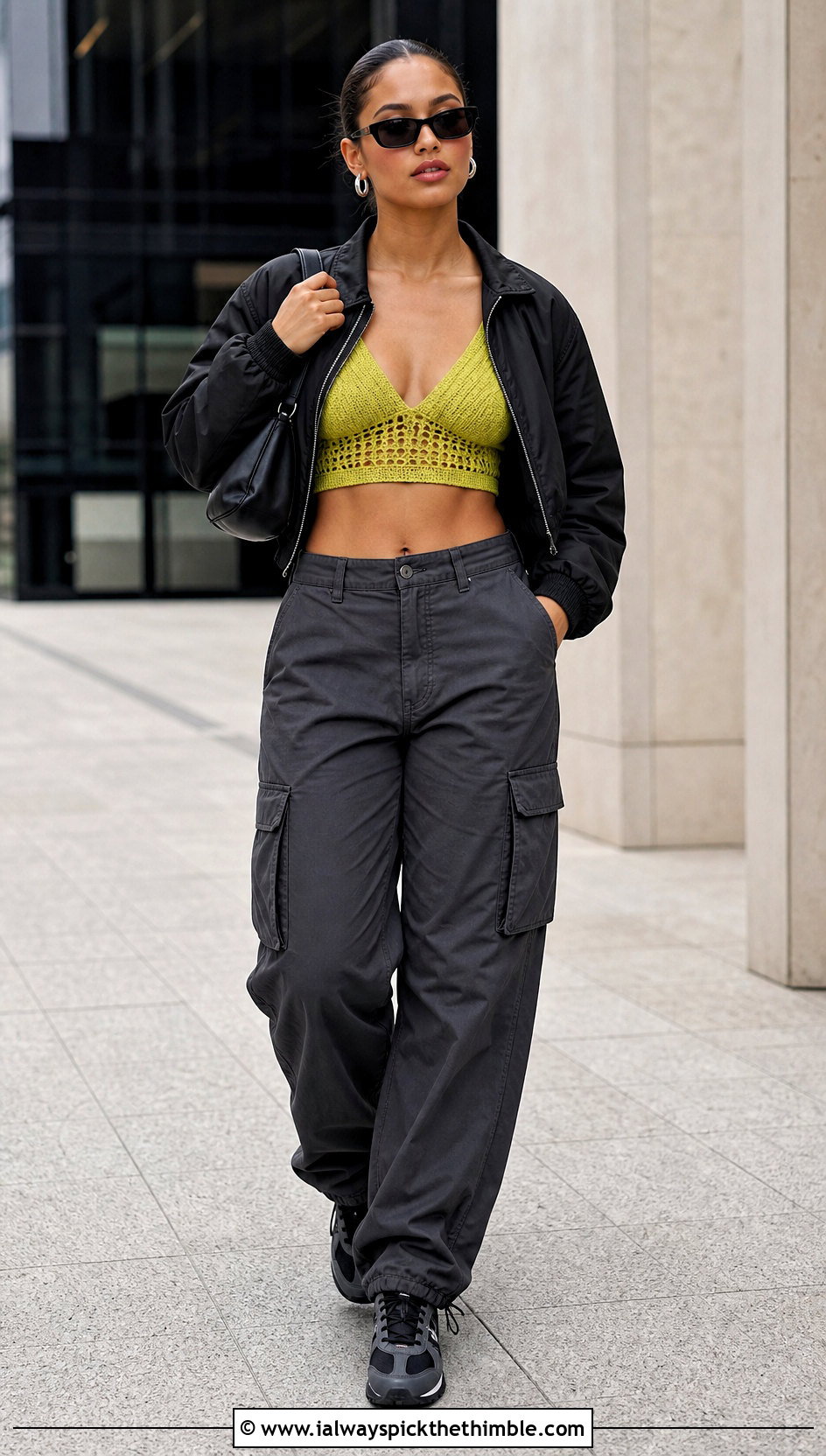 Longline Crochet Bra Top With Cargo Pants - 25 crochet bra top outfit ideas