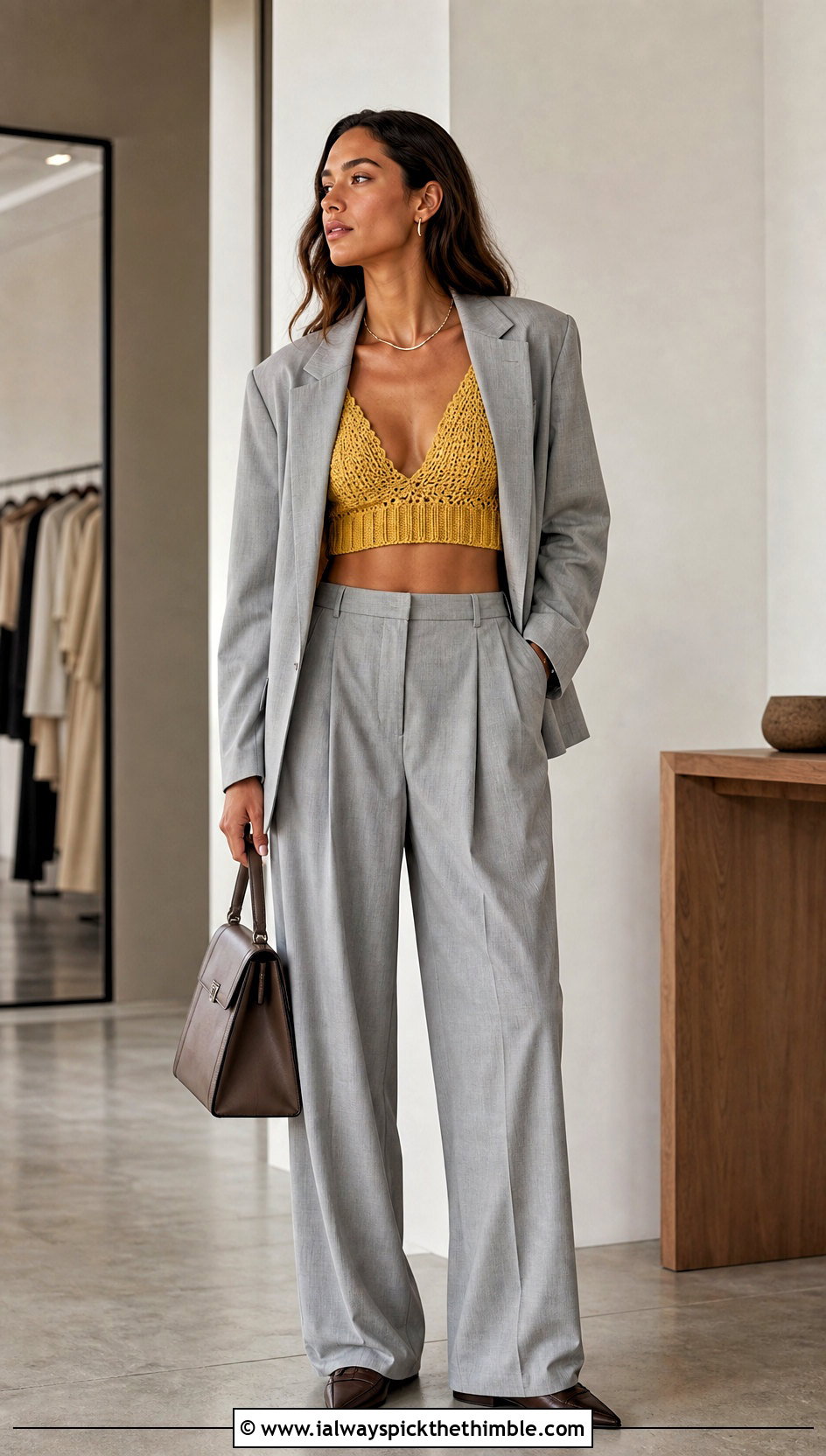 Longline Crochet Bralette With Blazer And Trousers - 25 crochet bralette outfit ideas