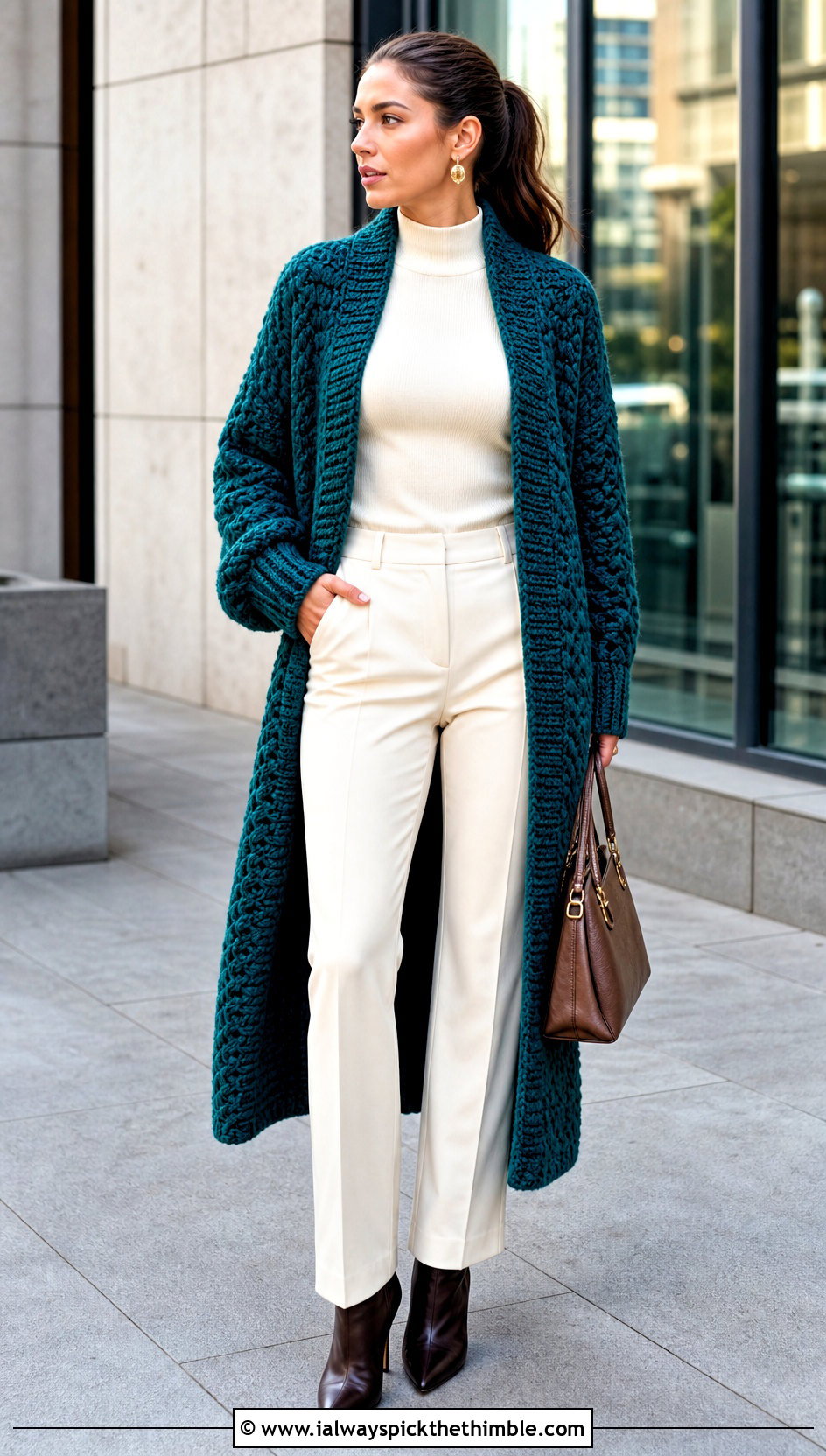 Longline Crochet Bulky Sweater Coatigan With Monochrome Basics - 20 Crochet Bulky Sweater outfit ideas