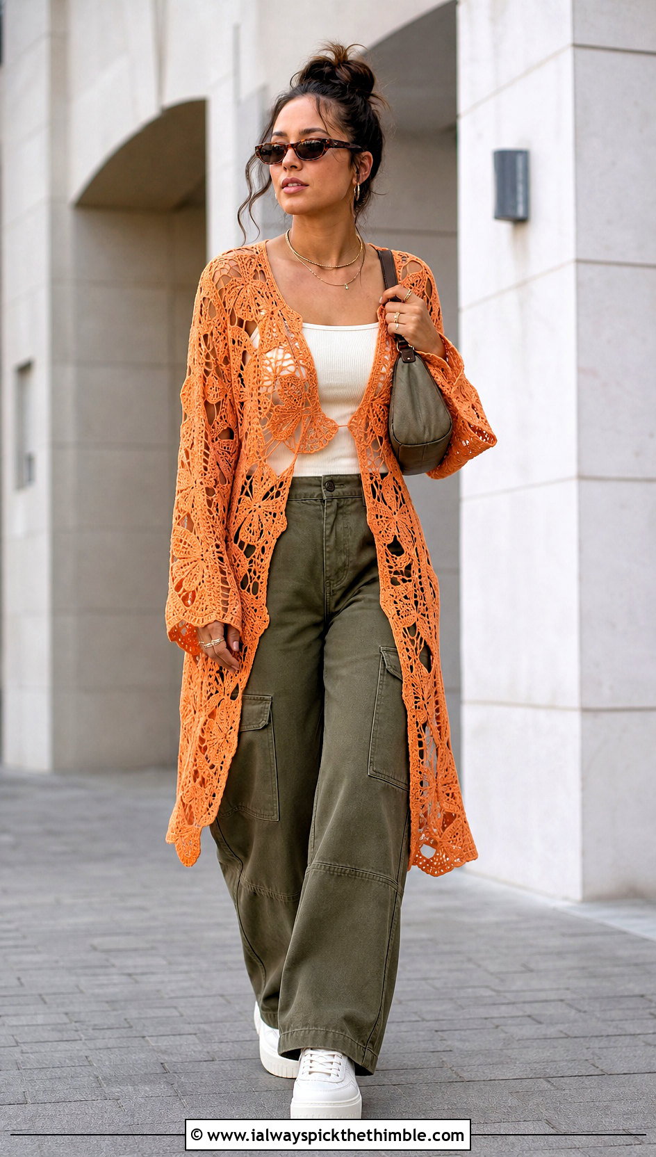 Longline Crochet Butterfly Lace Top With Cargo Pants - 20 crochet butterfly lace top outfit ideas