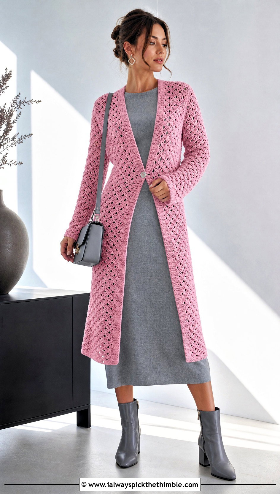 Longline Crochet Button Sweater With Column Dress - 20 Crochet Button Sweater outfit ideas