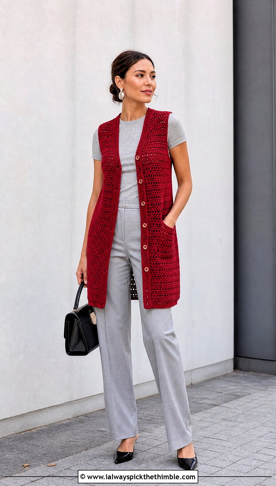 Longline Crochet Button Up Vest With Monochrome Basics - 20 Crochet Button Up Vest outfit ideas