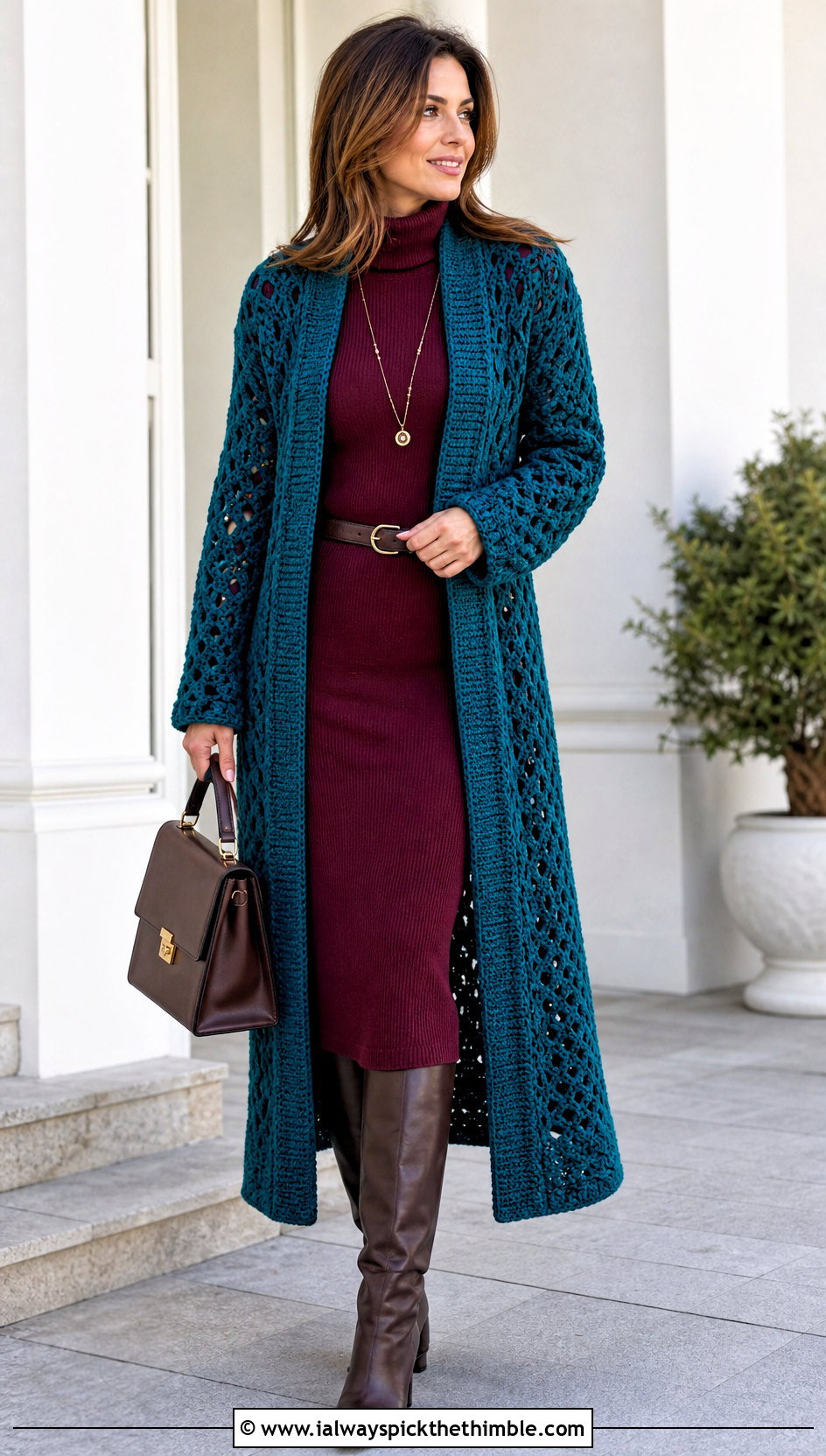 Longline Crochet Cardigan Over A Knit Midi Dress - 20 fall crochet sweaters outfit ideas