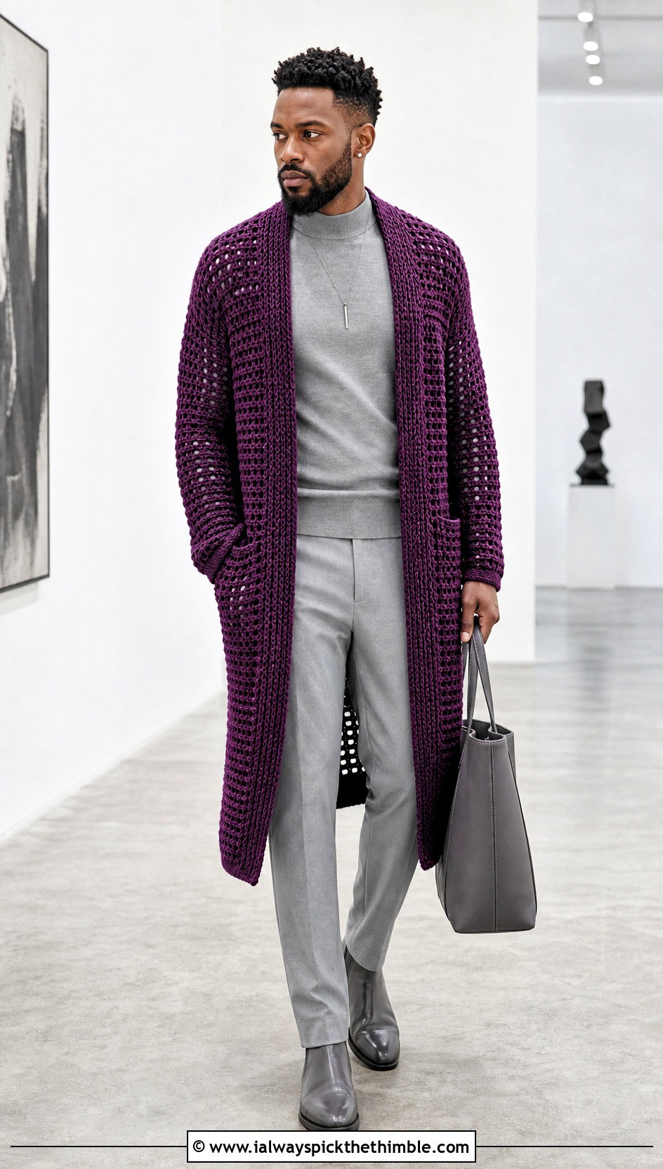Longline Crochet Cardigan Sweater With Monochrome Layers - 25 crochet man sweaters outfit ideas