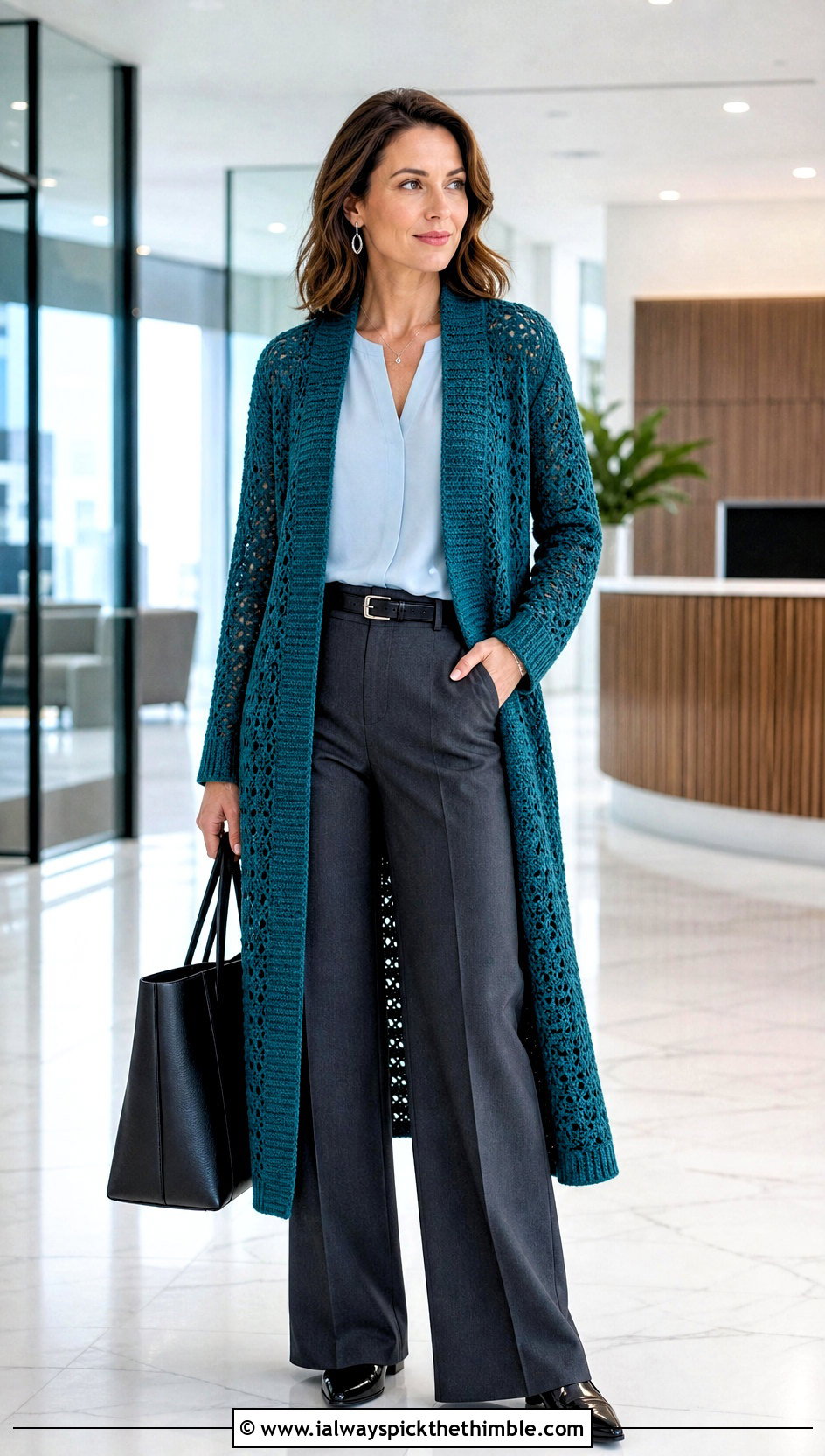 Longline Crochet Cardigan Sweater With Tailored Trousers - 15 Easy Crochet Cardigan Sweater outfit ideas