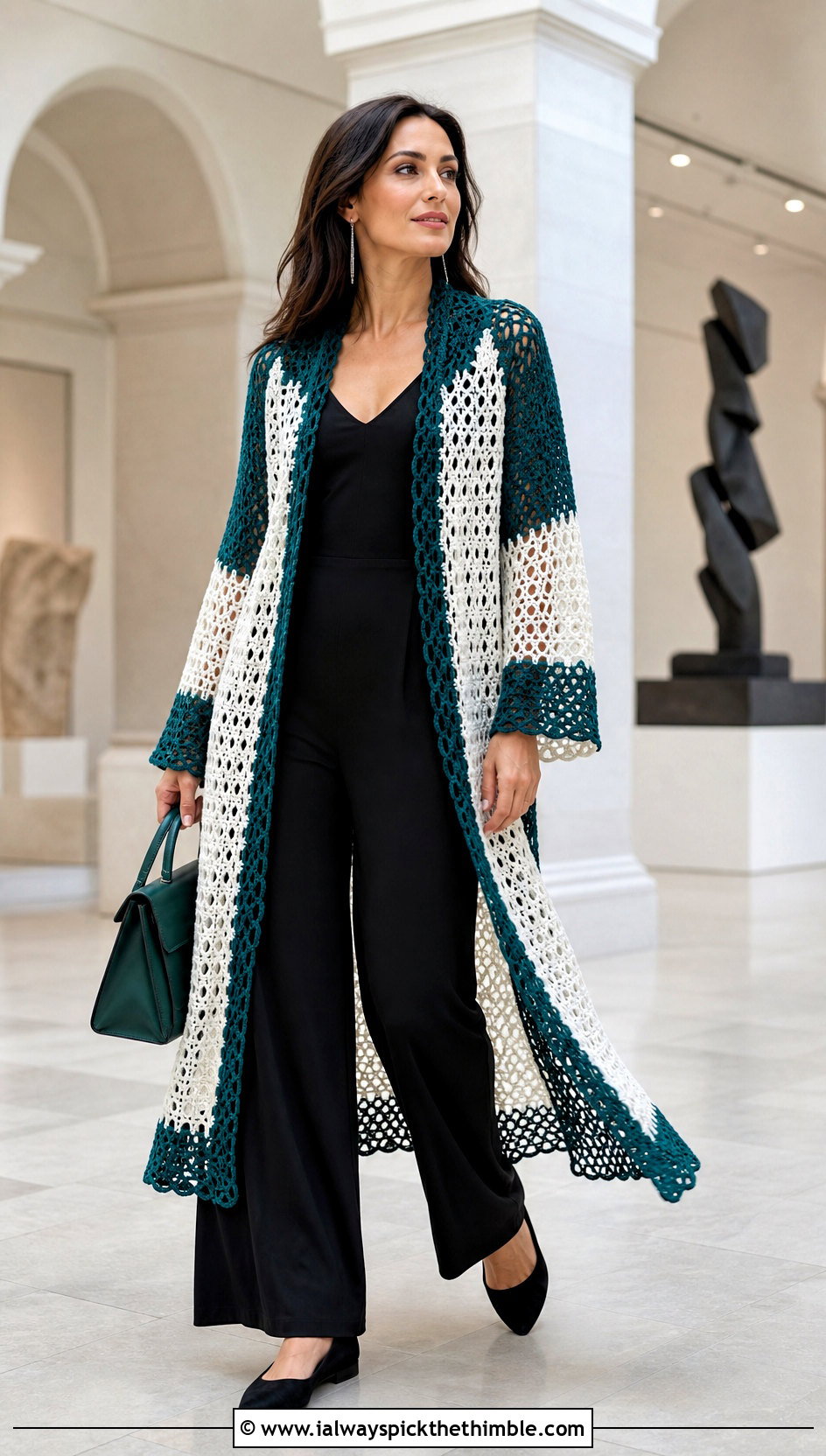 Longline Crochet Cardigan With A Monochrome Jumpsuit - 20 green and white crochet cardigan outfit ideas