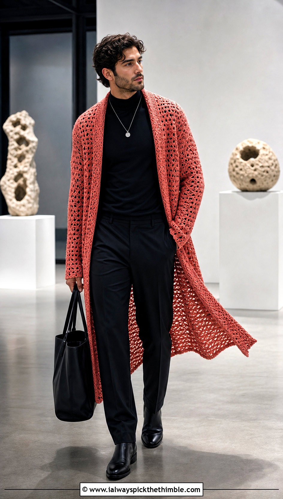 Longline Crochet Cardigan With All Black Outfit - 25 mens crochet cardigan outfit ideas