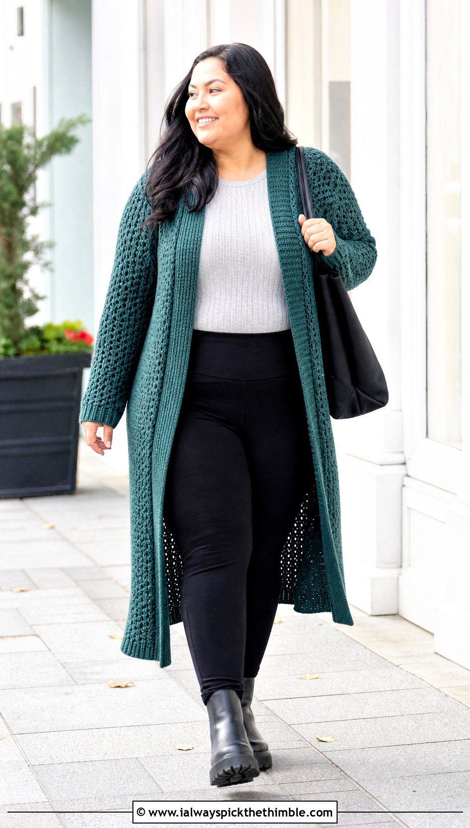 Longline Crochet Cardigan With Leggings And Boots - 25 Crochet Winter Outfits ideas
