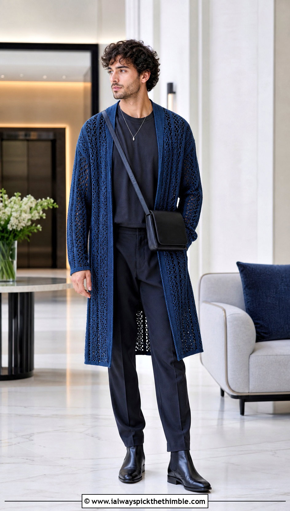 Longline Crochet Cardigan With Monochrome Basics - 20 men's crochet cardigan outfit ideas