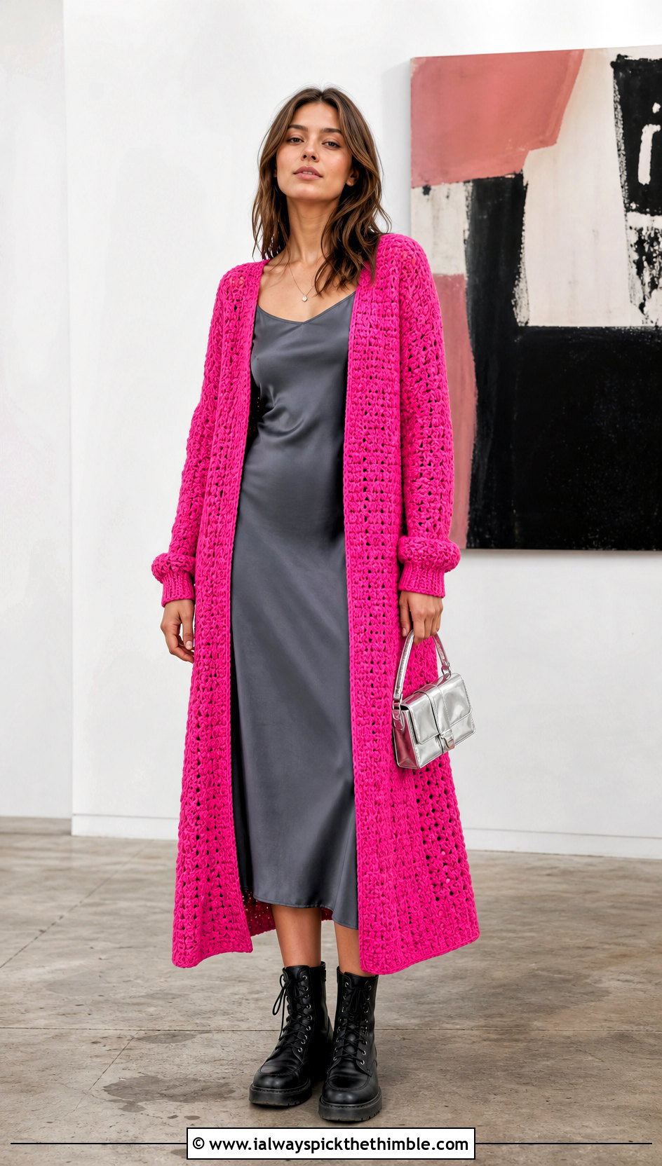 Longline Crochet Cardigan With Slip Dress - 20 Edgy Crochet Clothes and outfit ideas