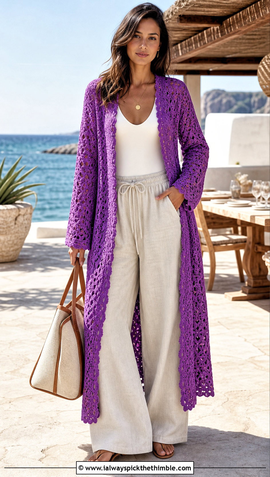 Longline Crochet Cardigan With Swimsuit And Linen Pants - 25 crochet bathing suit cover up outfit ideas