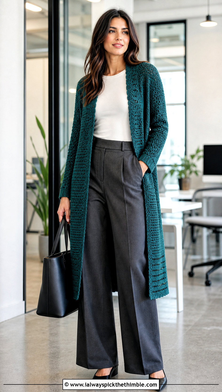 Longline Crochet Cardigan With Tailored Trousers - 20 Crochet Cardigan Outfit Aesthetic outfit ideas