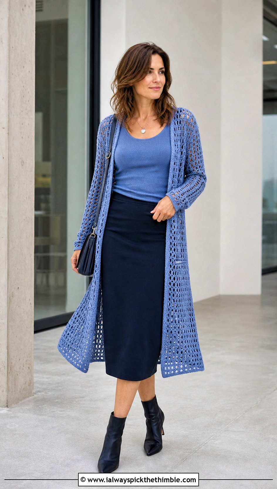 Longline Crochet Cardigan With Tank And Column Skirt - 25 cute crochet sweaters outfit ideas