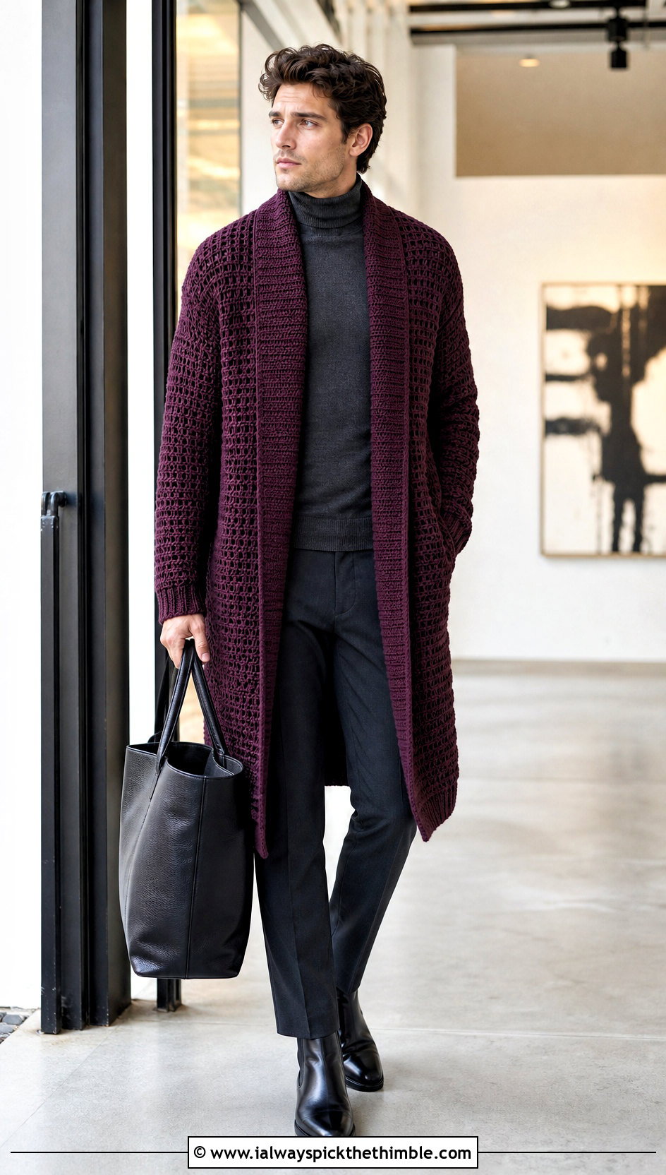 Longline Crochet Cardigan With Turtleneck And Trousers - 20 crochet men's clothes and outfit ideas