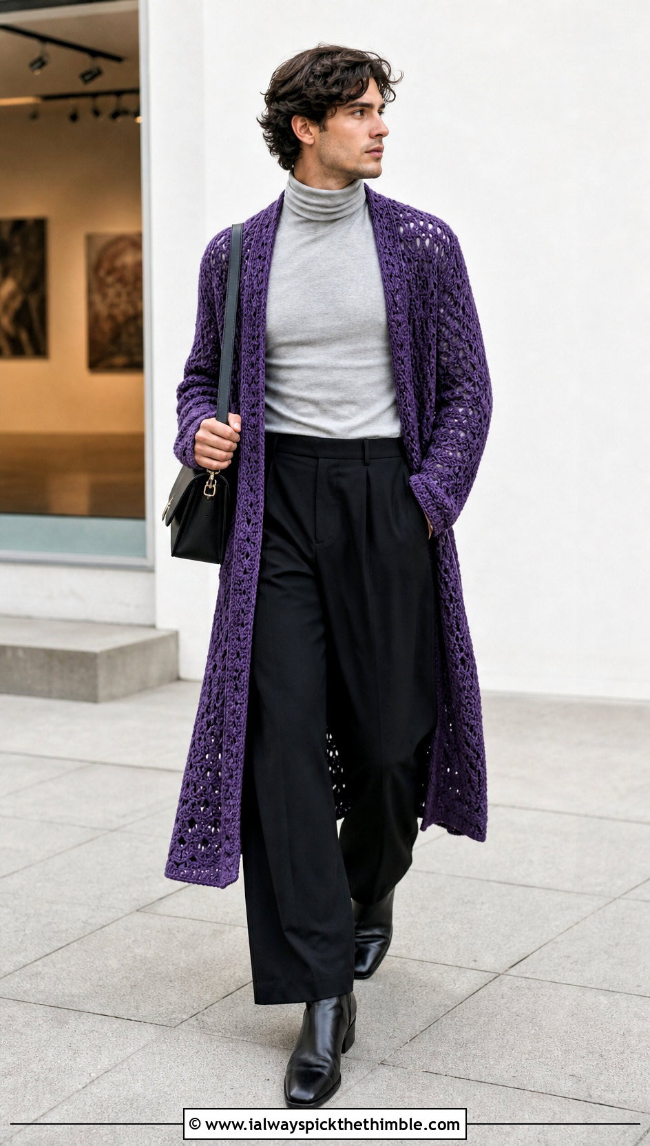 Longline Crochet Cardigan With Wide Leg Trousers - 20 mens crochet cardigan sweater outfit ideas