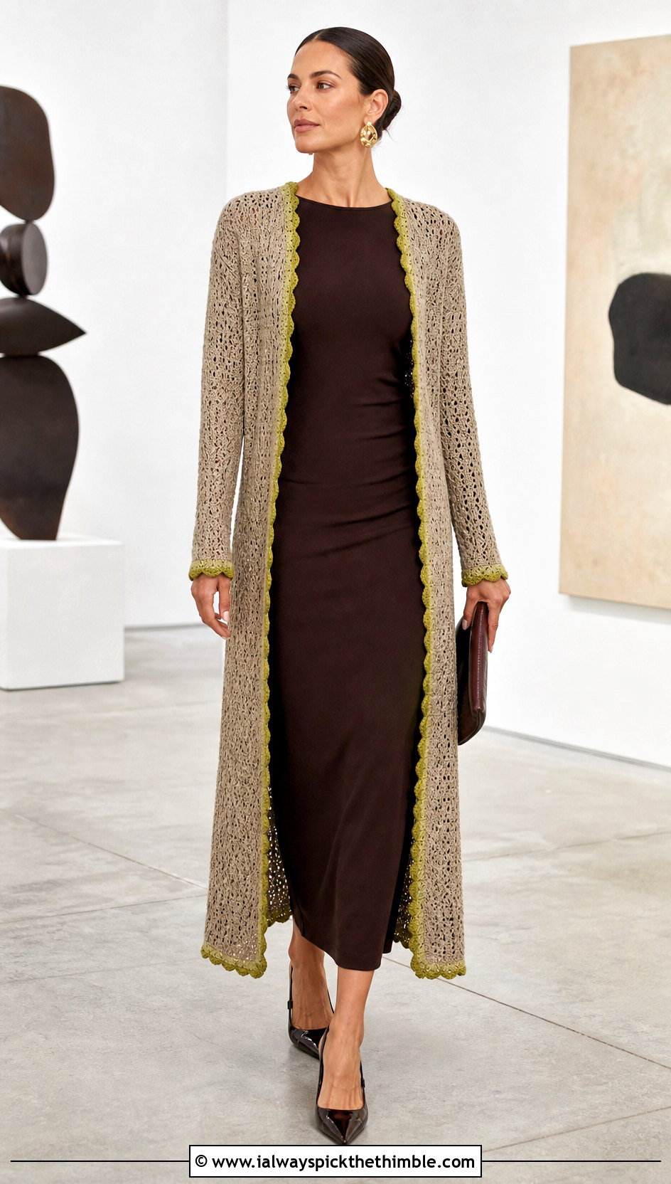 Longline Crochet Cardigan With a Column Dress - 15 neutral tone crochet cardigan outfit ideas