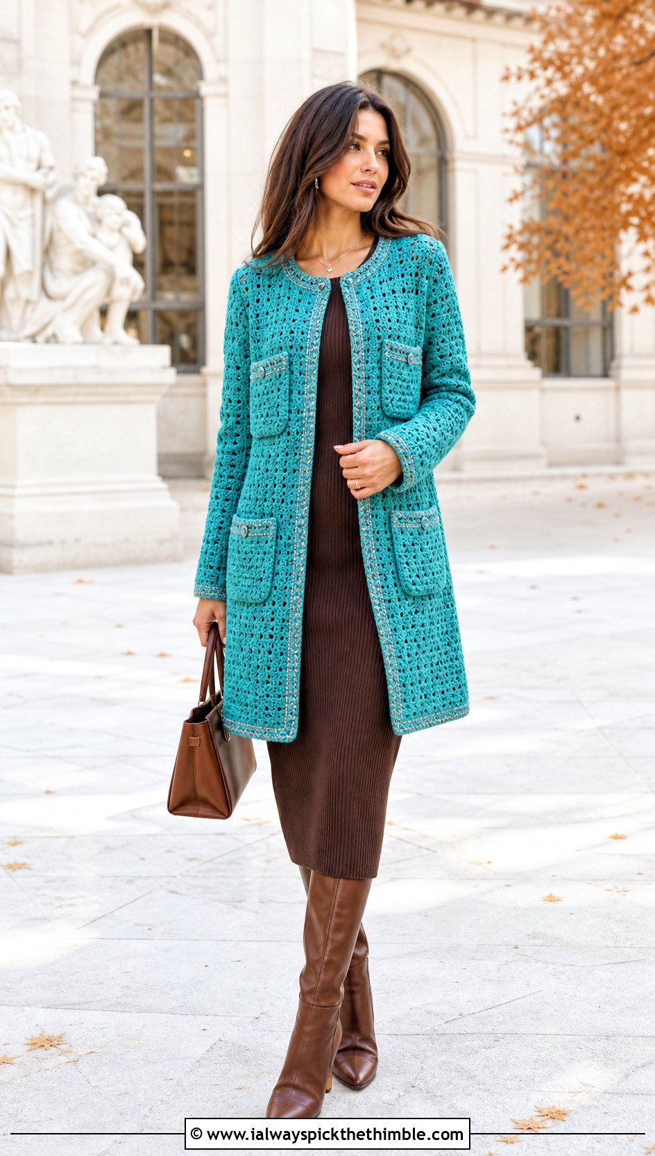 Longline Crochet Chanel Jacket With Knit Midi Dress - 20 crochet chanel jacket outfit ideas