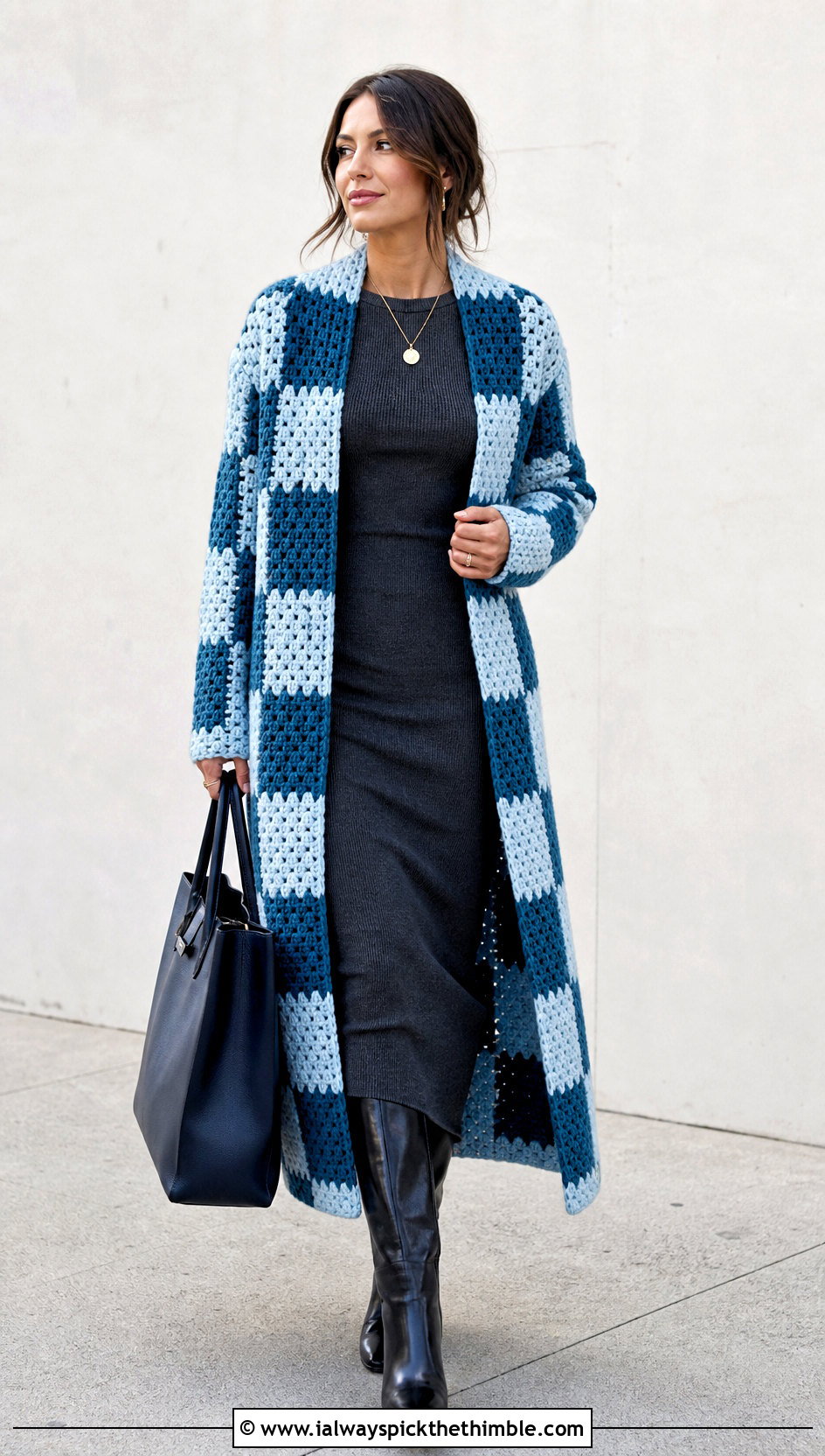 Longline Crochet Checker Cardigan Sweater With Knit Dress - 20 Crochet Checker Sweater outfit ideas