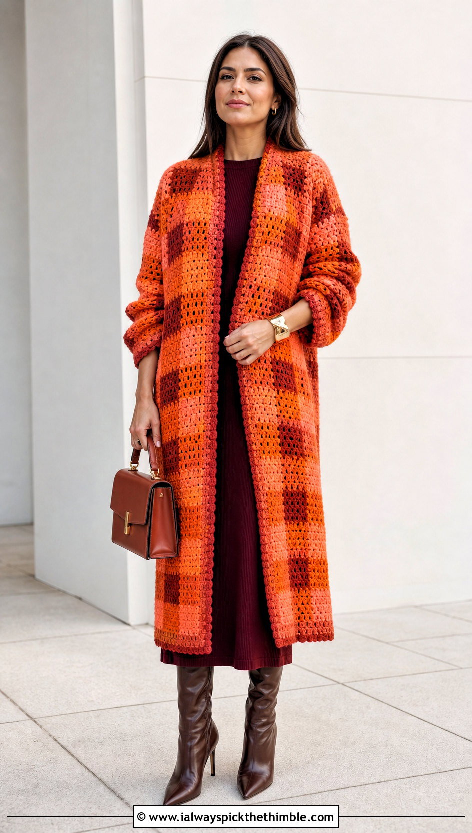 Longline Crochet Checkered Cardigan With Column Dress - 25 crochet checkered cardigan outfit ideas
