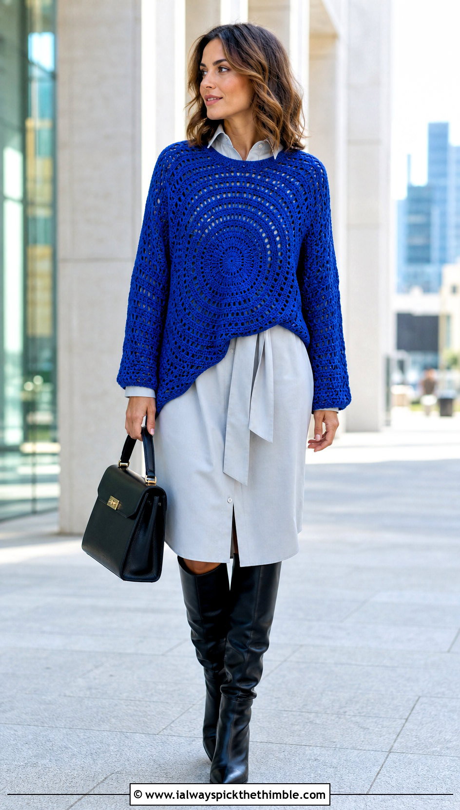 Longline Crochet Circle Sweater With Shirt Dress - 20 crochet circle sweater outfit ideas