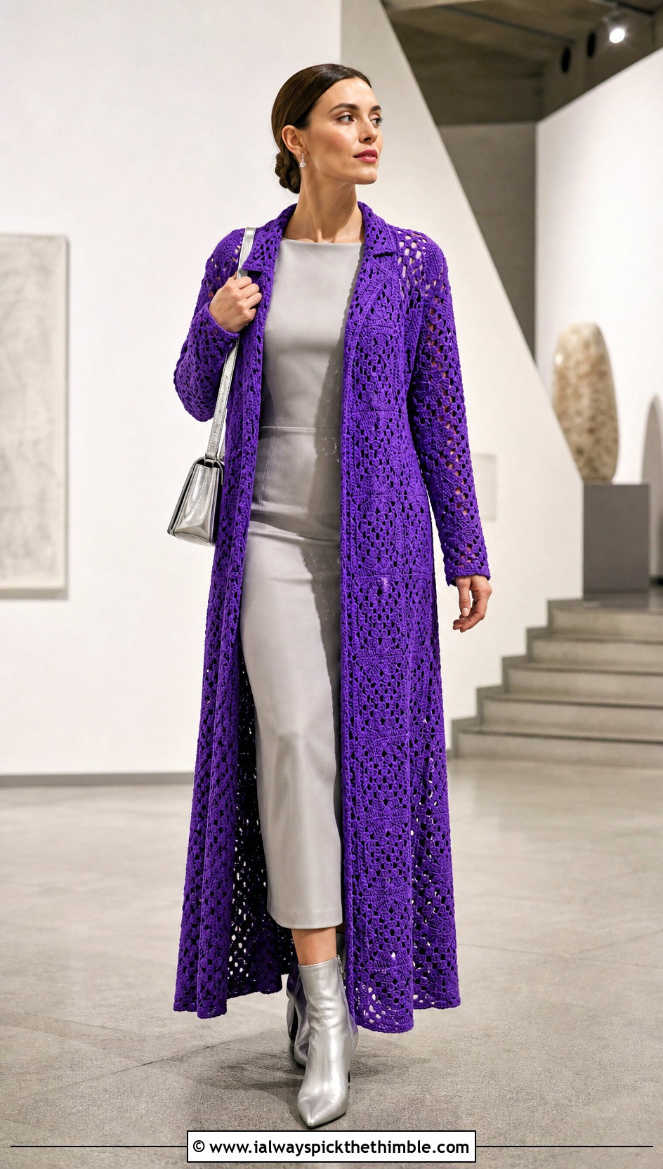 Longline Crochet Coat With Column Dress - 25 crochet coats & jackets outfit ideas