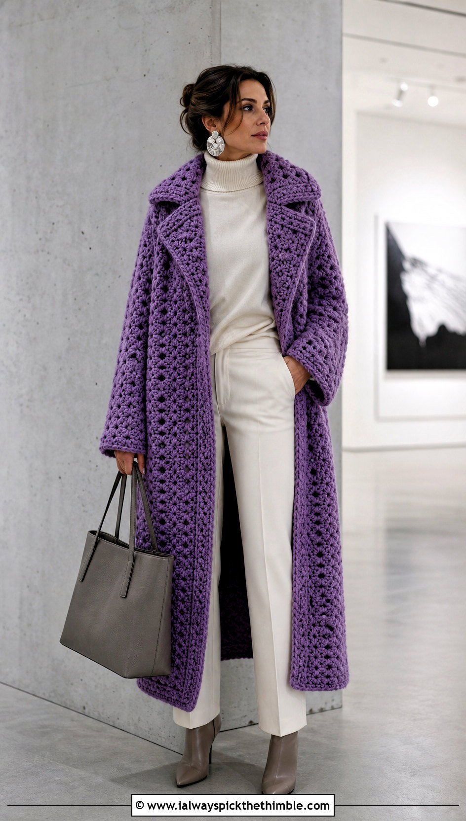 Longline Crochet Coat With Monochrome Separates - 20 women crochet clothes and outfit ideas