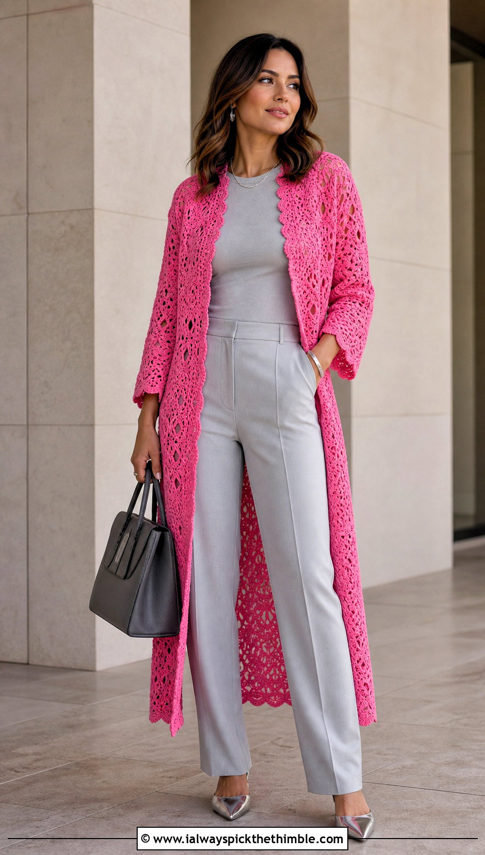 Longline Crochet Coatigan With A Monochrome Outfit - 20 Crochet Sweater Coat outfit ideas